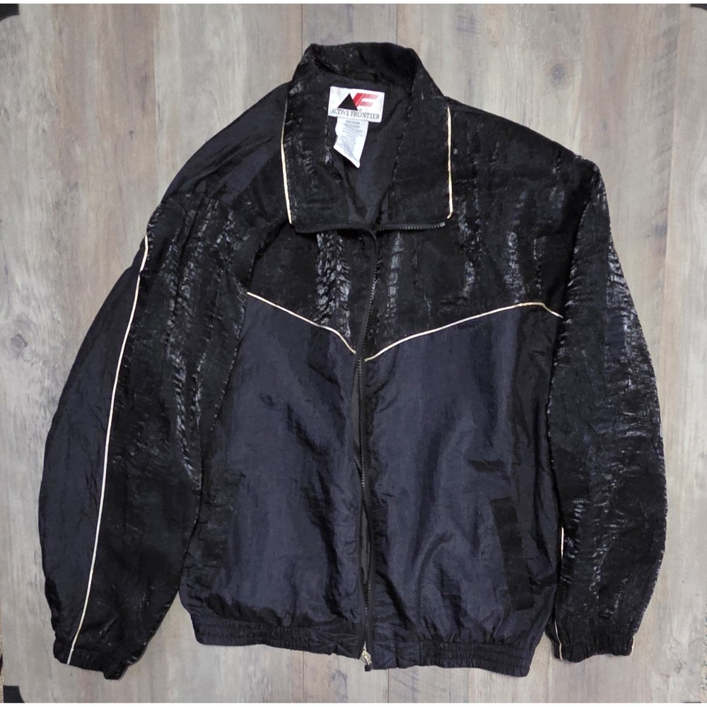 Active Frontier Black Vintage 90s Windbreaker Jacket With Gold Trim Women M